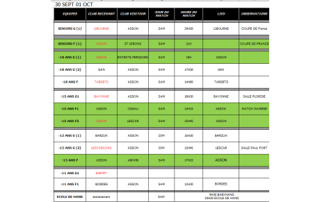 Planning matchs week end du 30 septembre