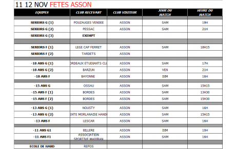 Planning des matchs des 11 et 12 novembre