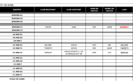 Planning du week end du 08 avril. 